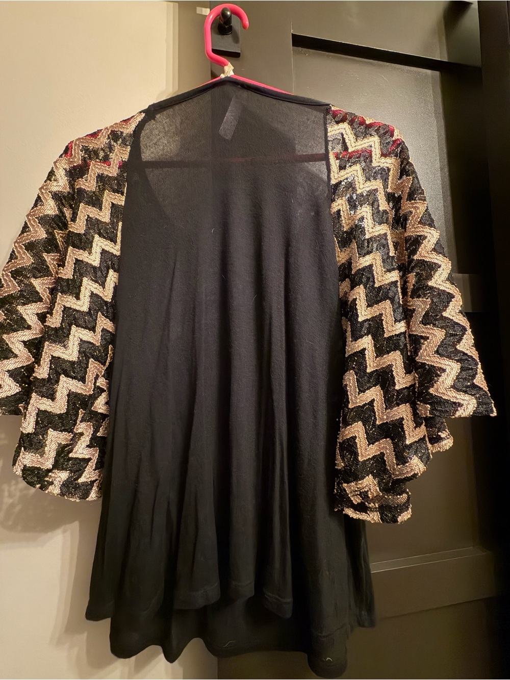 Black Open-Front Cardigan with Metallic Chevron Sleeves